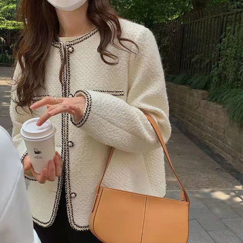 Large size black fragrant jacket for women 2025 spring, autumn and winter new high-end sense and thin temperament front shoulder top for women