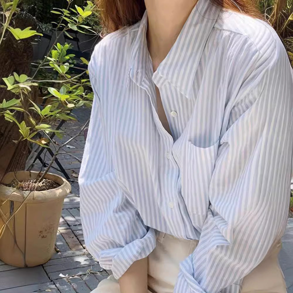 jinran Fall Outfits Blue Striped Boyfriend Style Shirt for Women 2024 New Spring Korean Style Long Sleeve Loose Slimming Casual Shirt