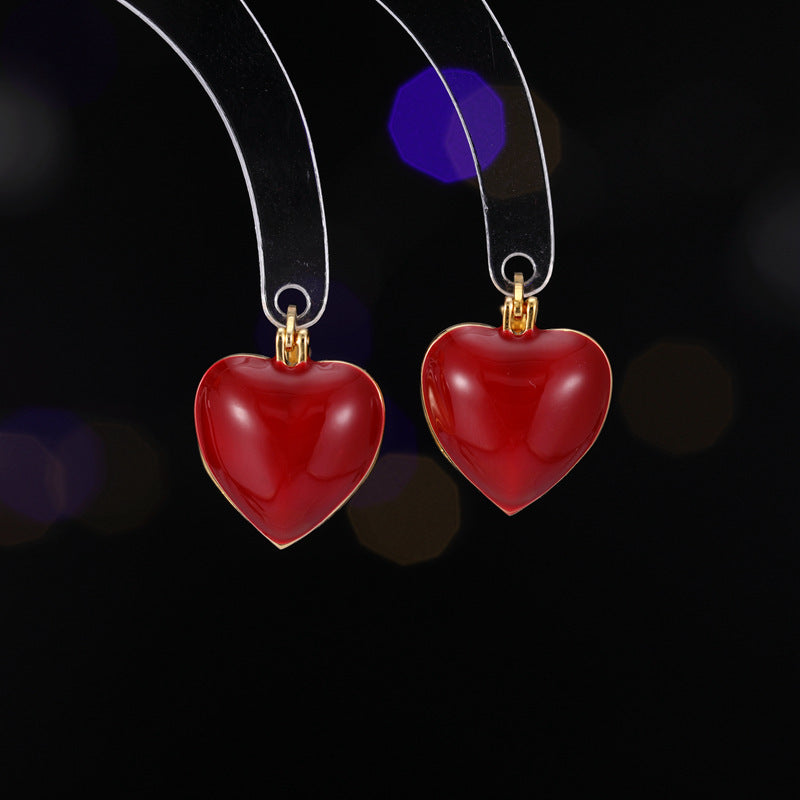 2025 Sweet temperament Ankola red ear buckle Hong Kong style retro heart super fairy girl heart double-sided dripping oil love earrings