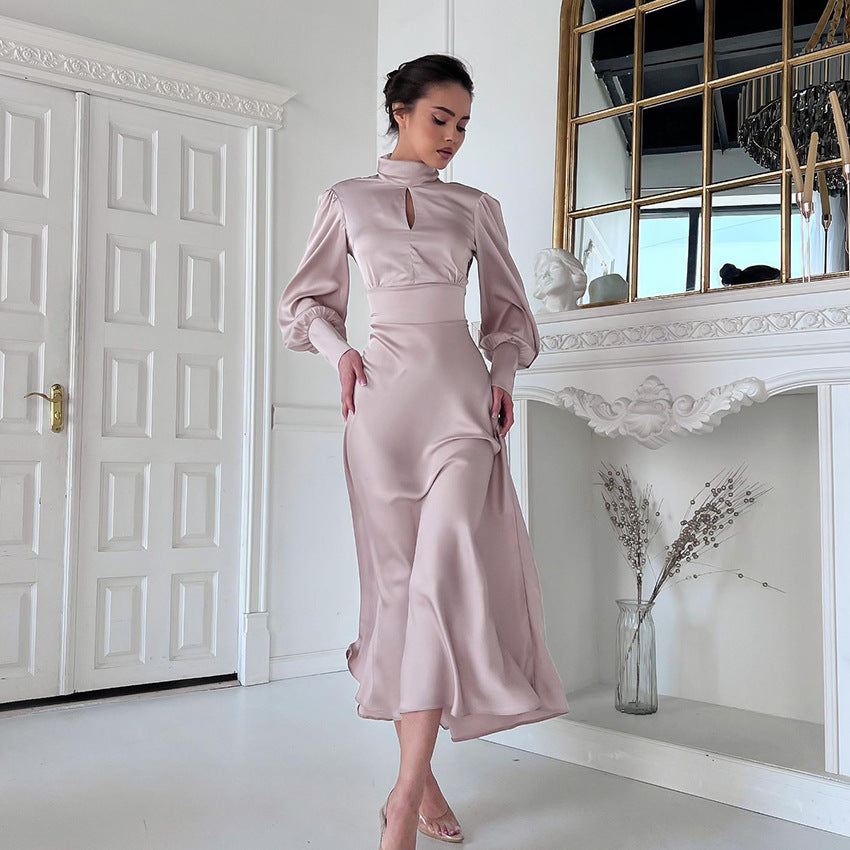 2025 fashion design sense small stand-up collar dress autumn commuting bubble sleeve A-shaped skirt women's halter dress