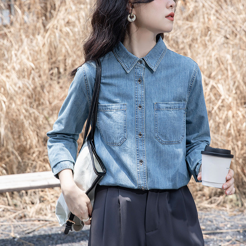 Blue retro denim shirt jacket women's spring dress front shoulder top design sense niche small man stacked shirt autumn