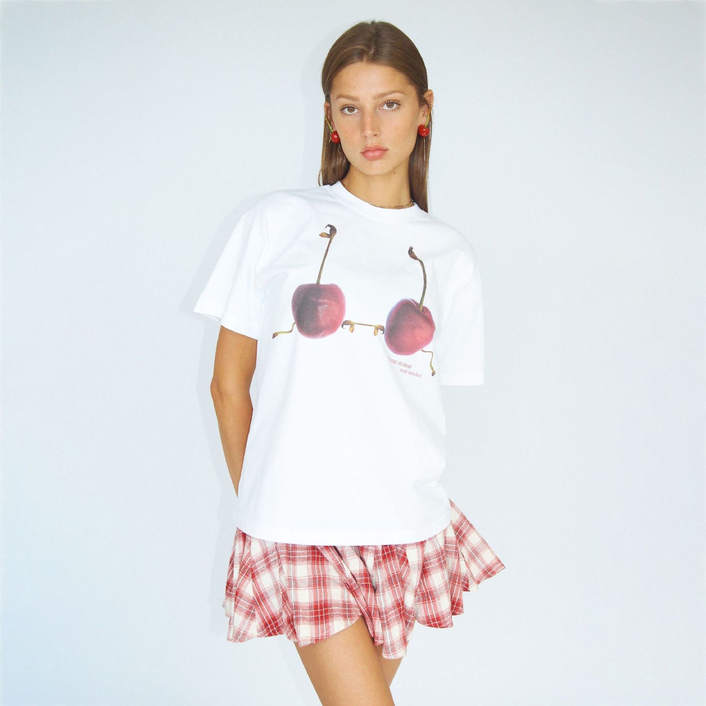 2025 fashion New cherry creative printing T-shirt spring and summer new ins style casual versatile loose top