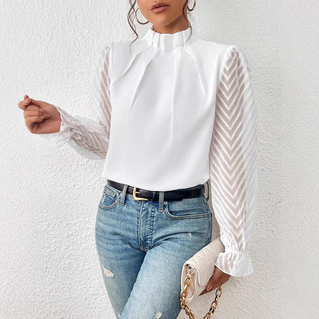 2025 popular Popular, , New women's clothing autumn and winter new semi-turtleneck splicing wavy chiffon long-sleeved top