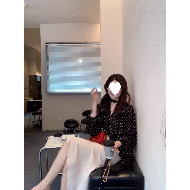 temperament black polka dot neck collar shirt women's spring and autumn niche design sense loose front shoulder low neck top