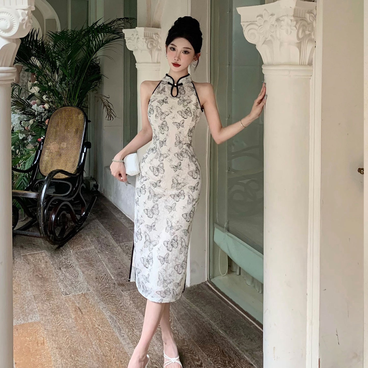 2025 Embroidery warp ink butterfly printing cheongsam dress women's spring and summer new slim retro dress
