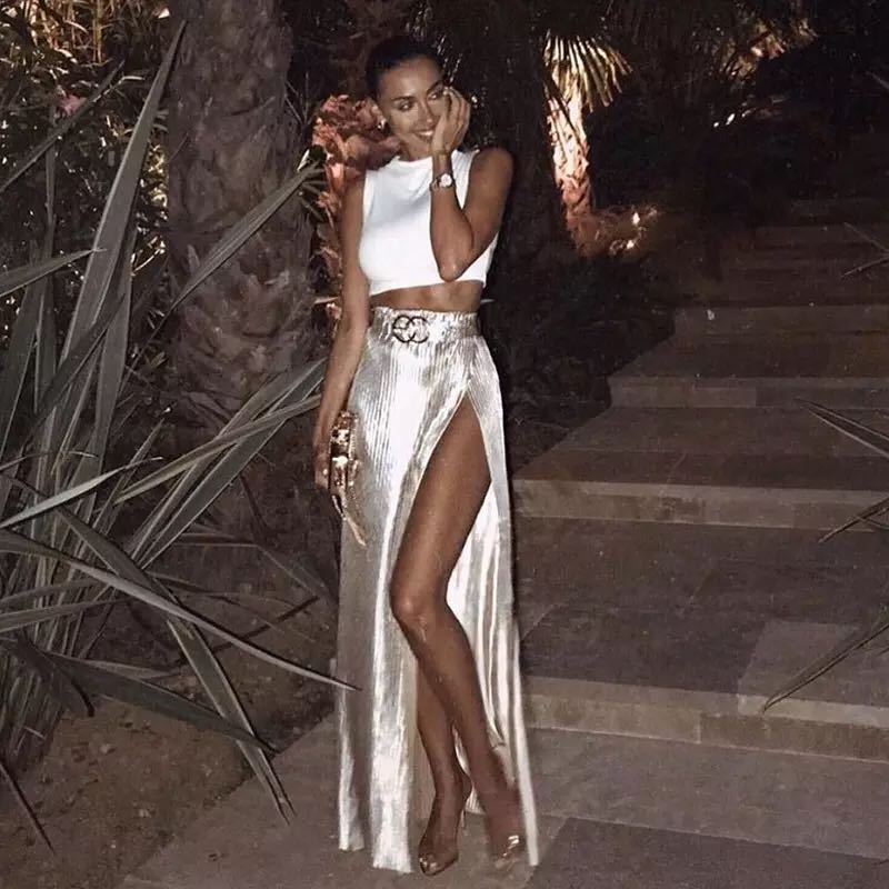 2025 2025 New thin pit strips, spring skirt elegant and high split women's skirt INS long skirt women