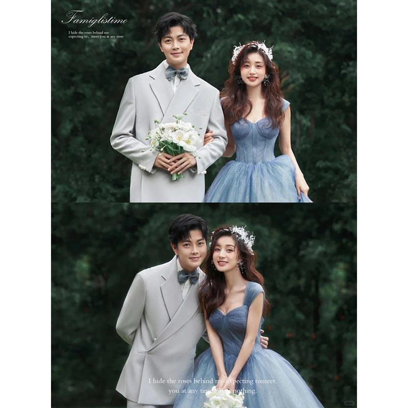 New studio photo theme clothing color yarn 2025 new Mori couple blue wedding dress flower girl lawn dress