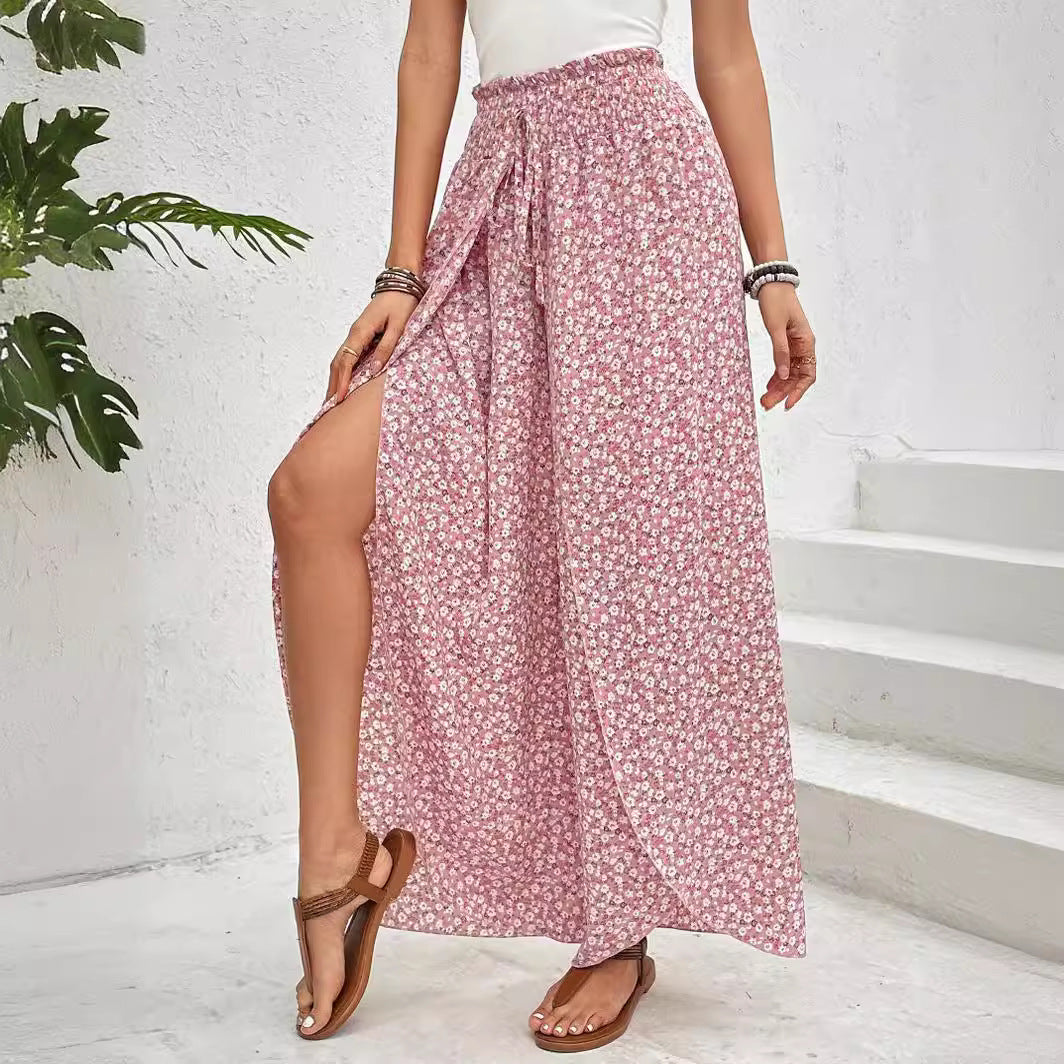 2025 Tiktoktemu women's clothing summer new fashion versatile floral side slit wide-leg culottes