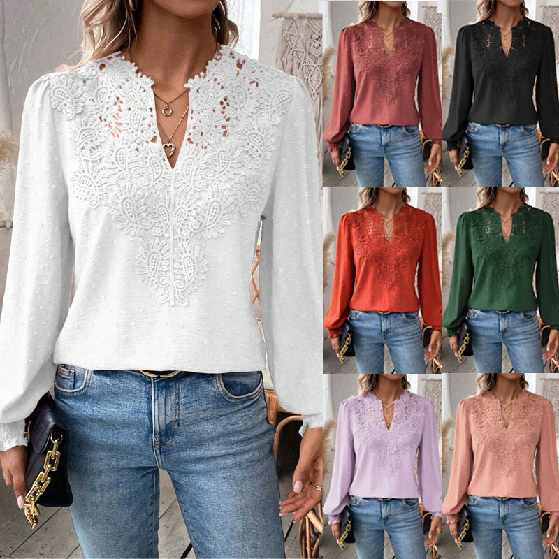 2025 Popular, , New autumn and winter new fashion V-neck lace solid color long-sleeved casual T women's top