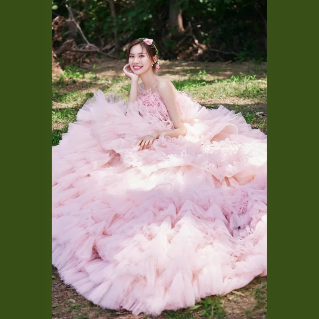 Exhibition color dress 2025 new studio theme wedding dress Mori couple travel photo clothing street photo trailing wedding dress