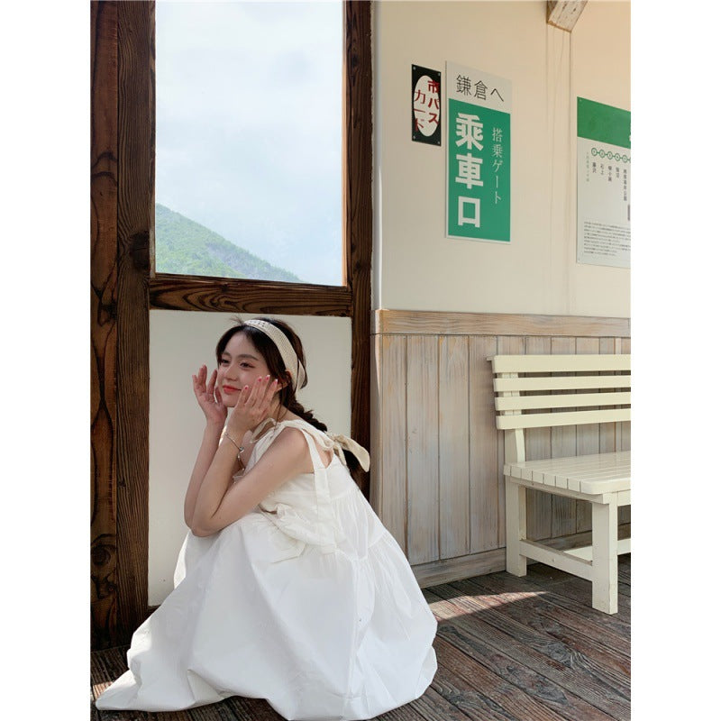 jinran birthday outfit Suspender Skirt Summer 2024 New Small Fresh Bow Lace-up Mid-Length Sweet Casual Dress Women