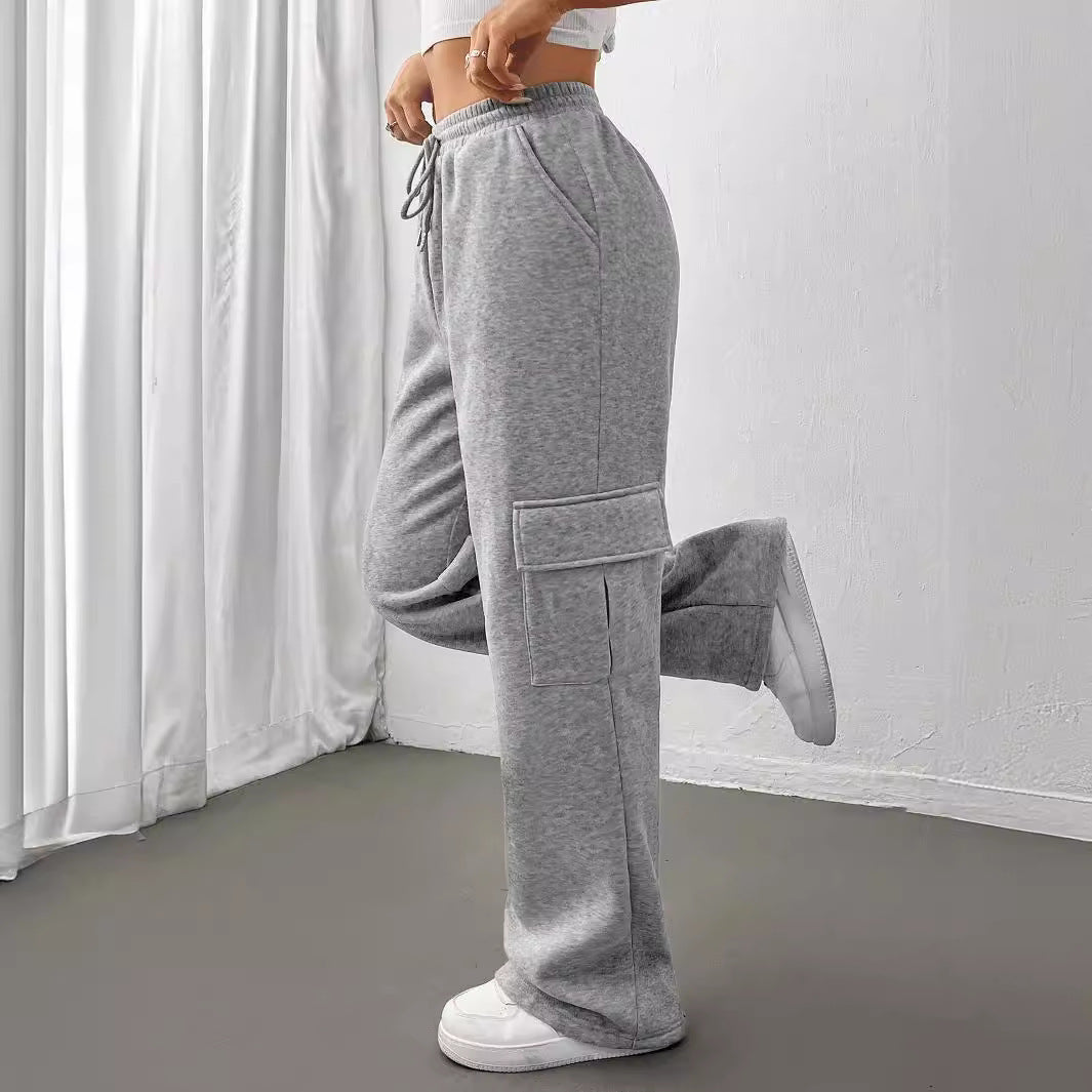 2025 autumn and winter New women's clothing new fashion side purse versatile solid color straight wide-leg sweatpants
