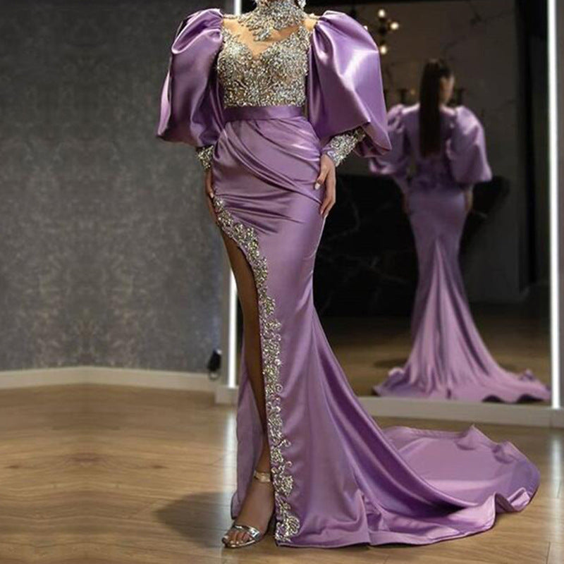 2025 New spring new 2025 women's evening dress sequined gold splicing dress temperament dress