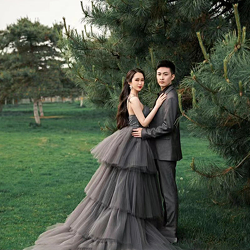 Main Wedding Studio Couple Theme Photography Clothing Color Dress Mori Grey Elegant Wedding Dress Long Trailing Suspender Dress