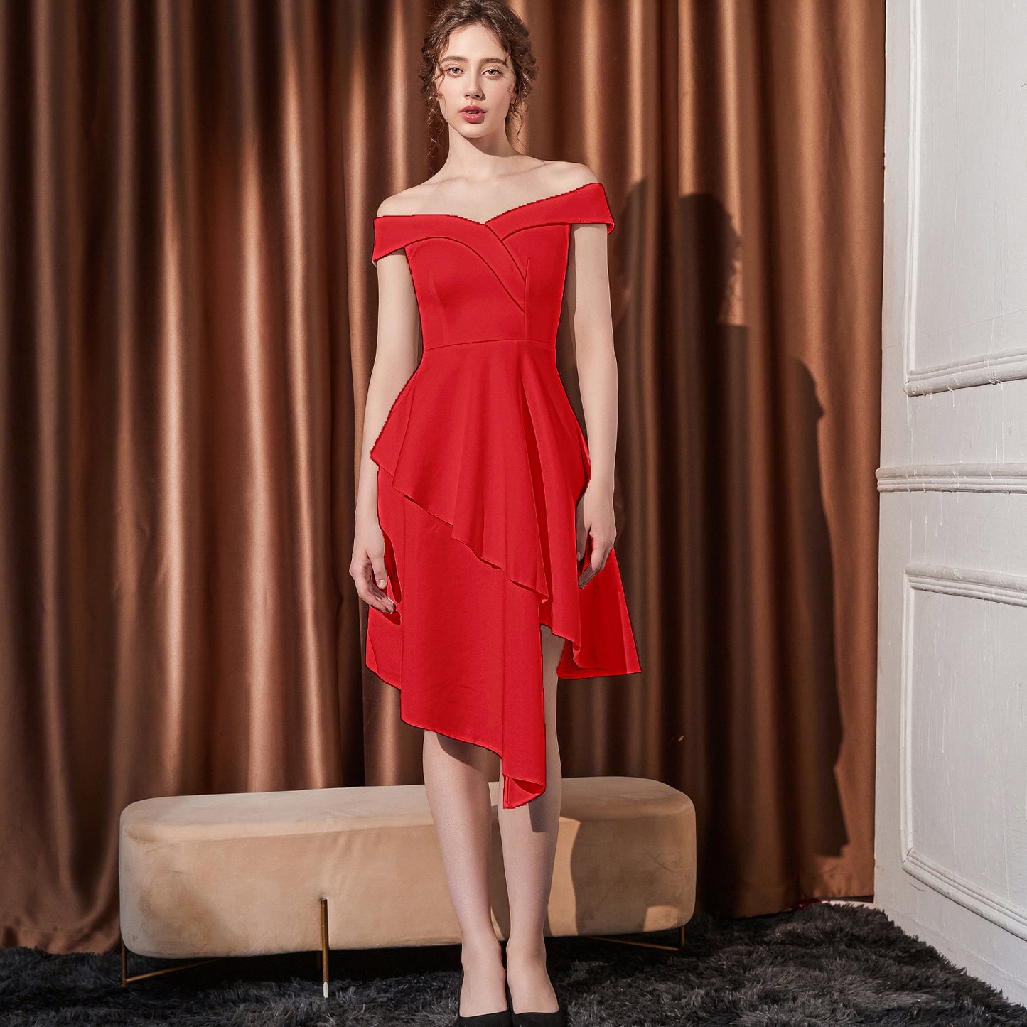 2025 Evening dress female small one-word shoulder medium and long thin company annual meeting host irregular hem dress