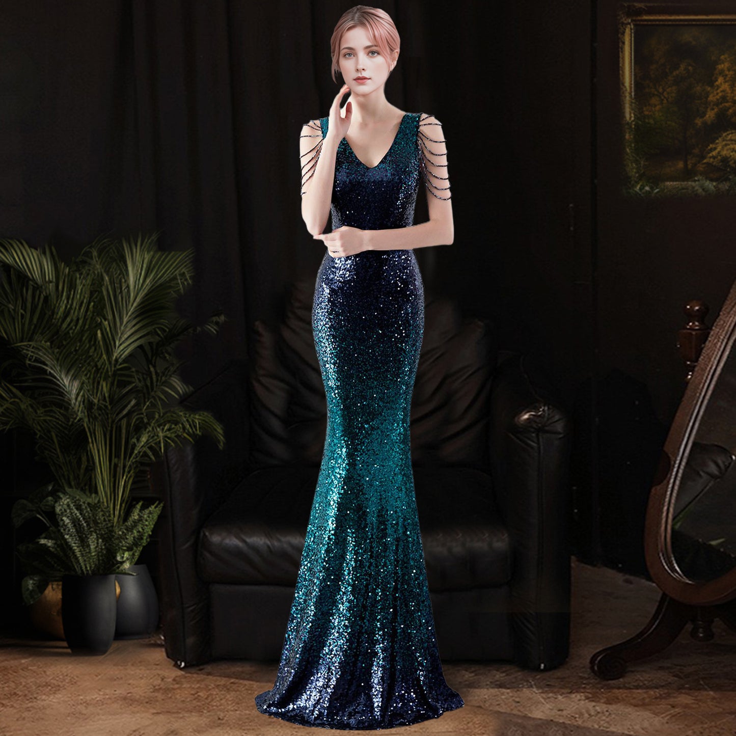 2025 Evening dress dress women's high-end banquet temperament simple Hepburn style company annual meeting host sequined long dress