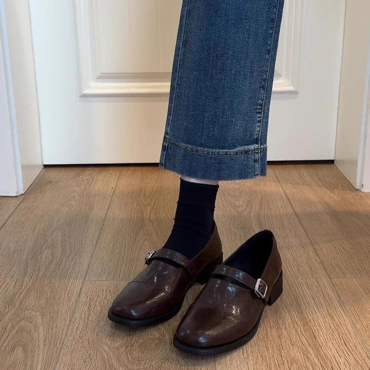 2025 Sheepskin version~ row style retro low-heeled small leather shoes women's one-pedal belt buckle leather loafers new small single shoes