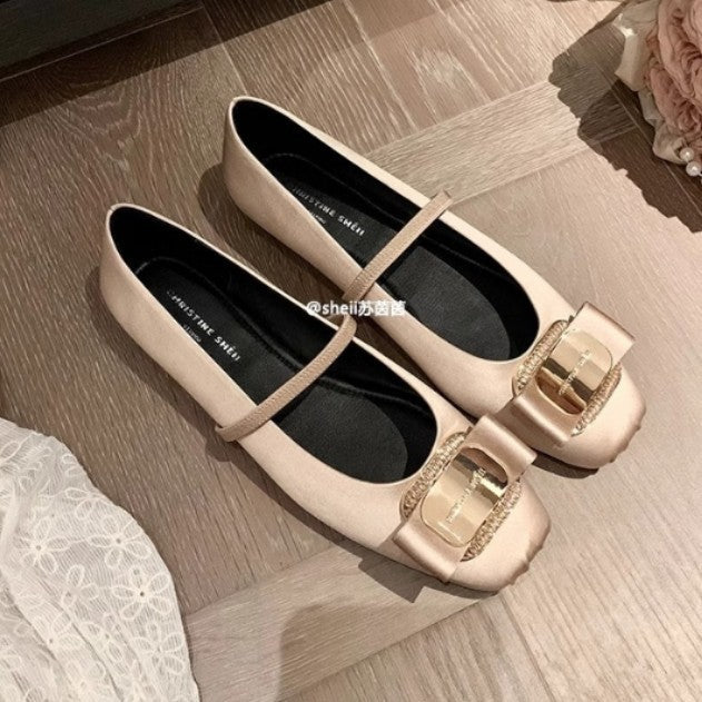 2025 Spot sheepskin version~ New niche pig nose drill buckle silk satin Mary Jane ballet flats women's single shoes