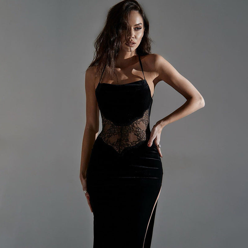 jinran villian dress to impress outfit Cc170 Summer New Skirt Women's Sexy Lace Suede Stitching Slit Backless Dress