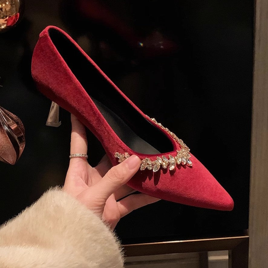 2025 Sheepskin version~ New sparkling rhinestone silk temperament small pointed tip thin heel shallow mouth wedding shoes high heels women's shoes
