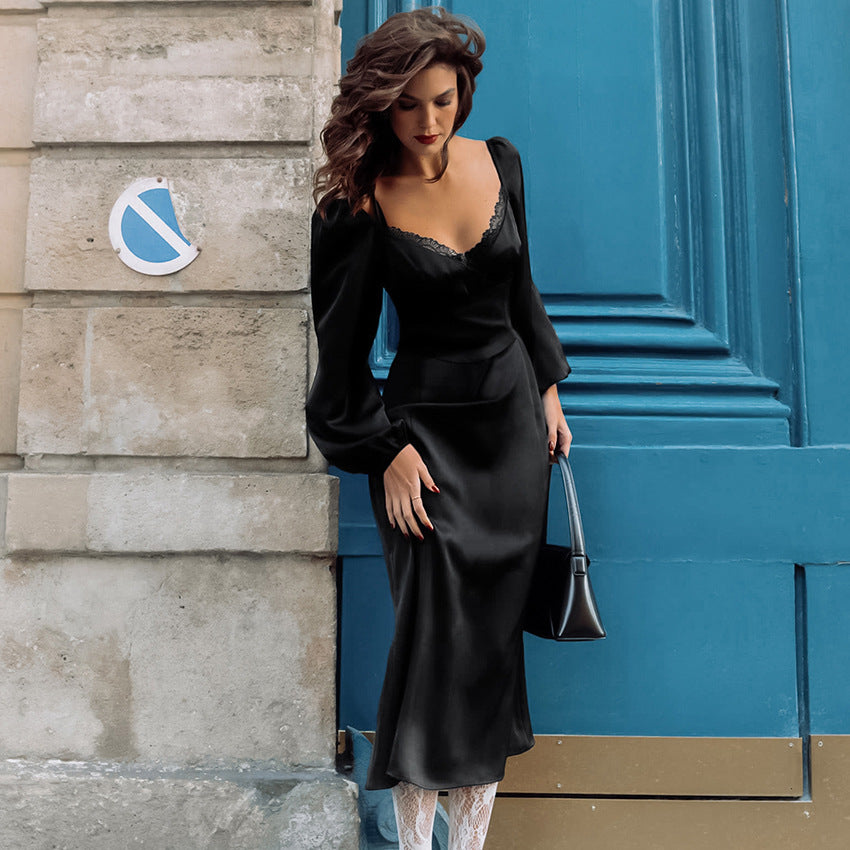 2025 imitation satin acetate V-neck bubble sleeve lace dress popular new spring fashion New women