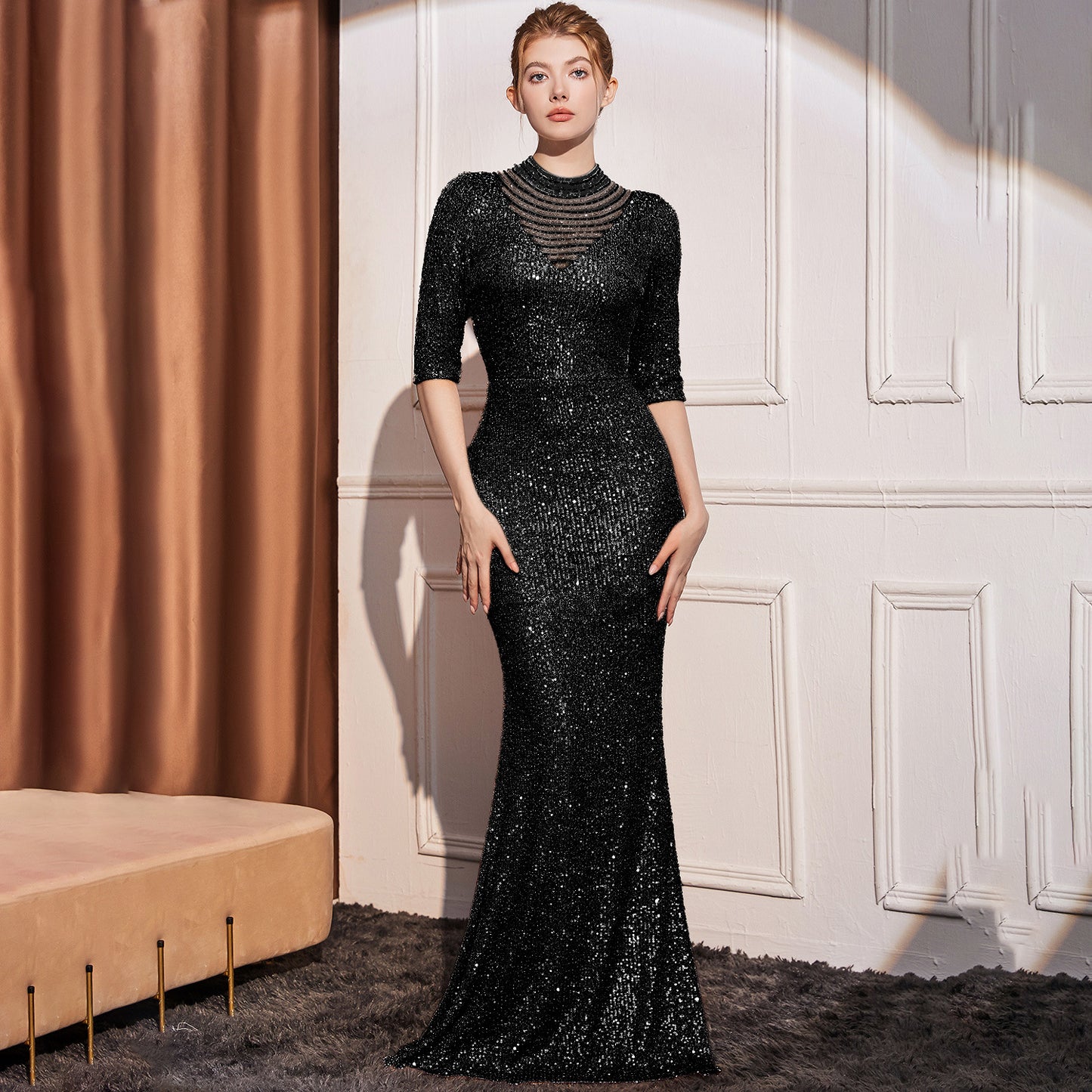2025 Evening dress women's new high-end temperament socialite banquet host sequined long fishtail dress