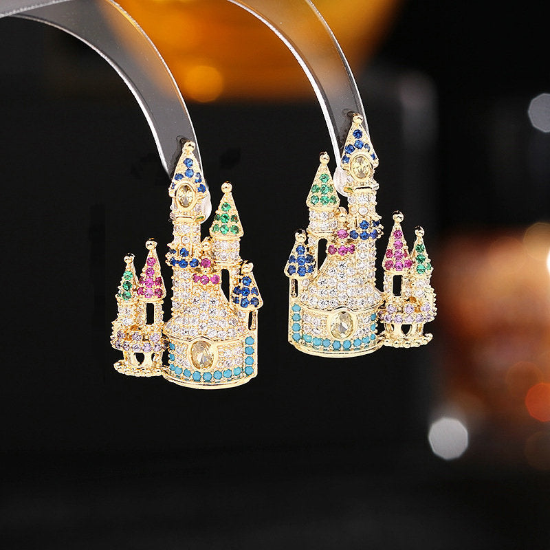 2025 Personalized creative designer earrings wholesale s925 silver needle earrings colored super flash zircon inlaid castle stud earrings