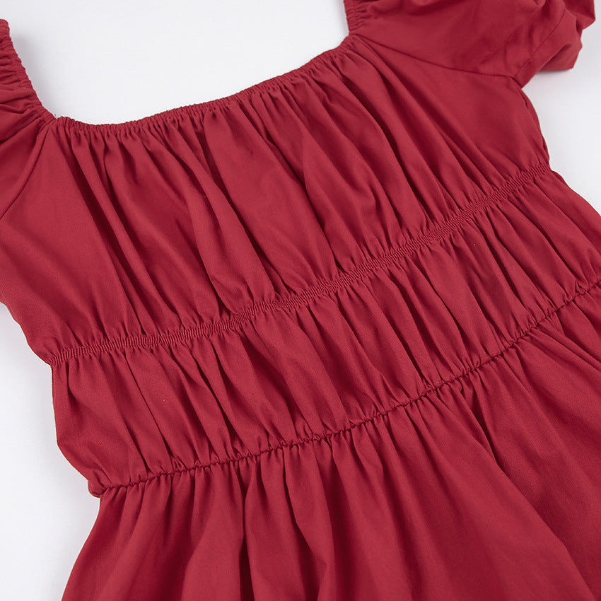 2025 summer new bubble sleeve cotton and linen pleated princess dress small dress short sleeve one-word collar women's dress