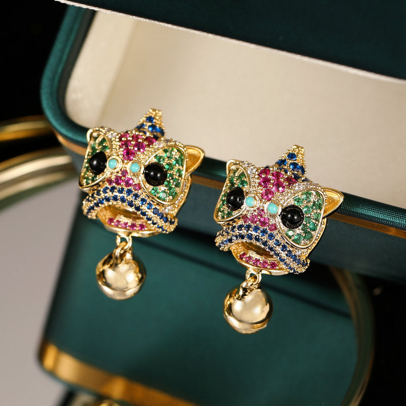 2025 Creative lion dance lion stud earrings zircon inlaid retro dynasty Chinese style personalized design bell lion head earrings