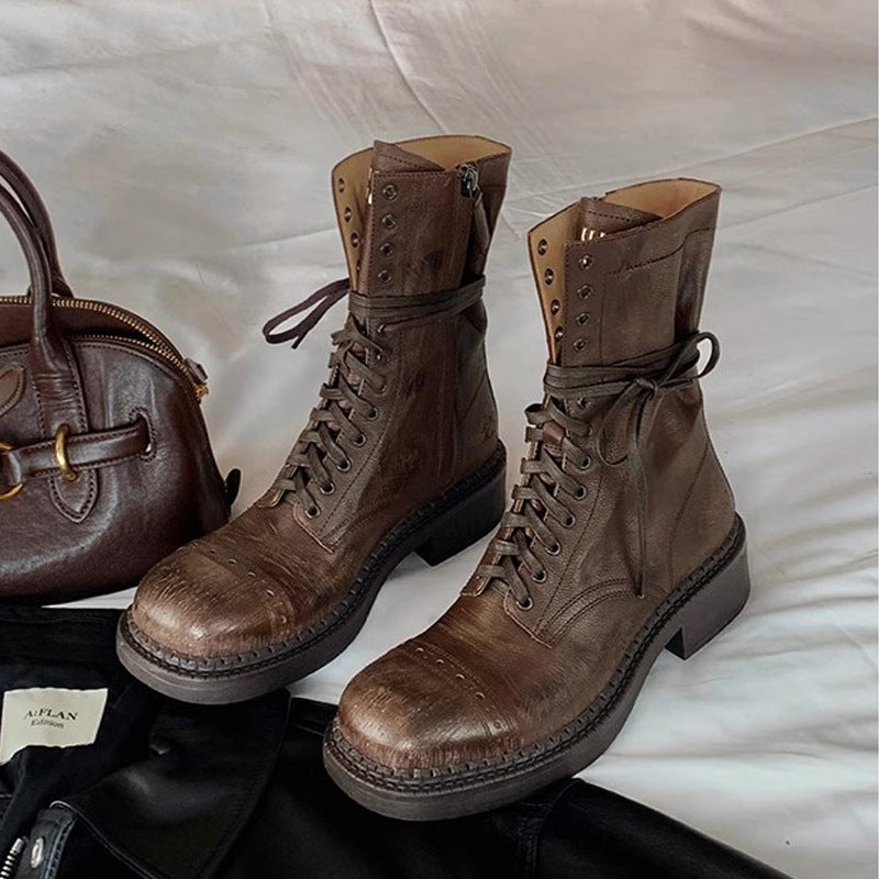 2025 Cowhide version~ Grape mother same autumn and winter British style engraved round head side zipper strap versatile knight Martin boots