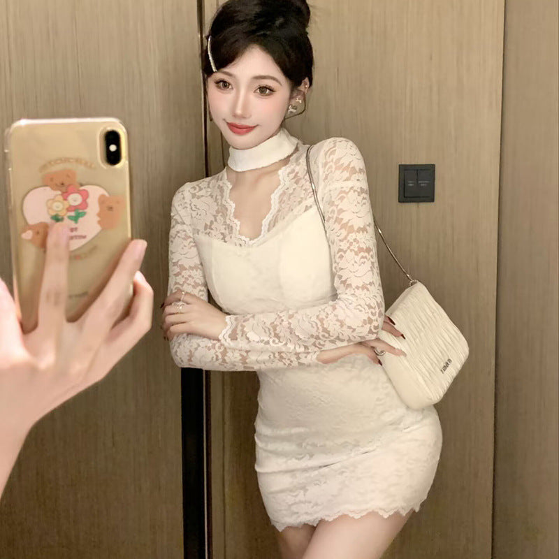 2025 Lace neck white dress spring and summer new sexy hollow v-neck slim-fitting hip-wrapped inner bottom skirt