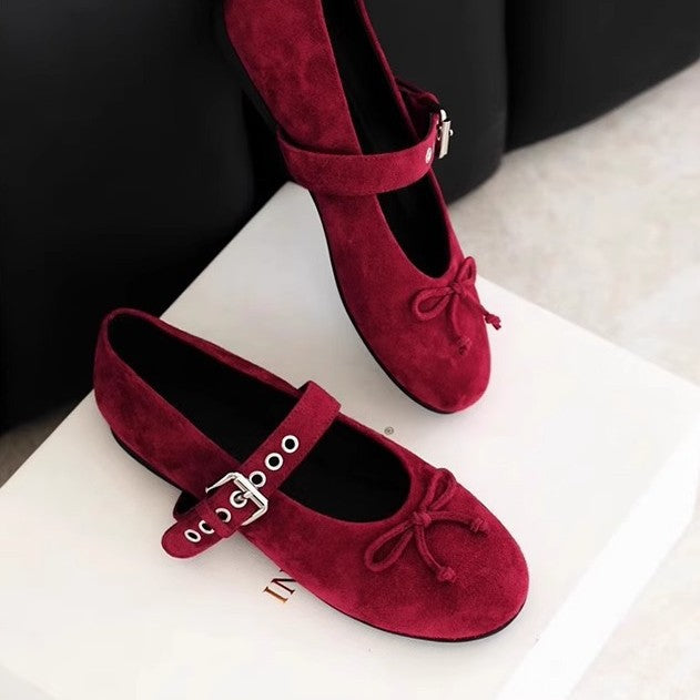 2025 Sheepskin version~ miu new bow ballet flats leather word belt Mary Jane single shoes women's shoes