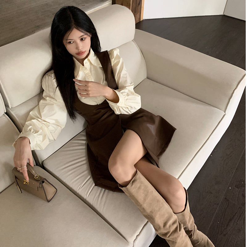 jinran 2024 fall fashion trends French Retro British Style Two-Piece Set Autumn New Fashion All-Match Shirt Top Vest Skirt Dress