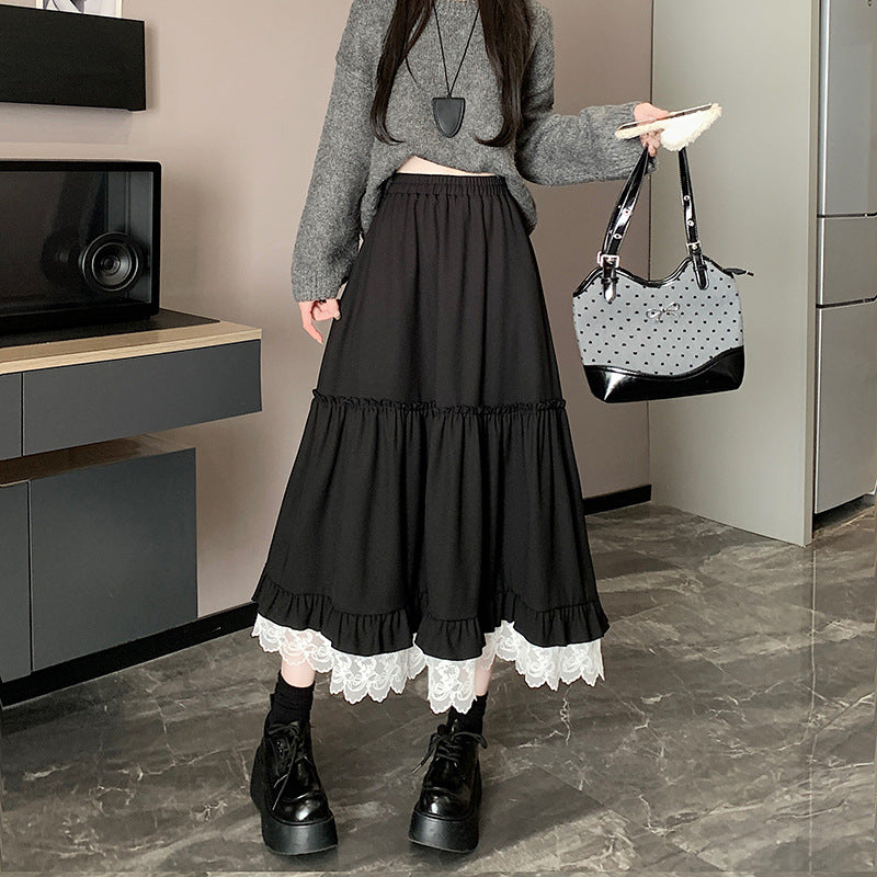 2025 Splicing contrasting color skirt new large size fat MM lace contrasting color and thin covering cross a-word skirt casual umbrella skirt