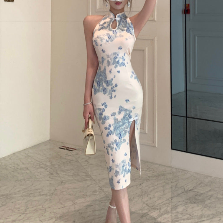 2025 Celebrity banquet dress women's clothing summer new temperament slim-fitting improved cheongsam split-ended arm skirt is thin and hollow