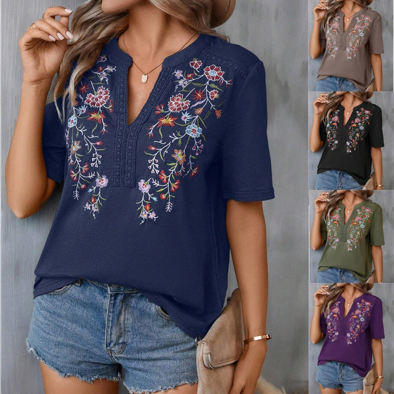 2025 Popular, , New summer new fashion 10,000-needle embroidered splicing lace lace top women's T