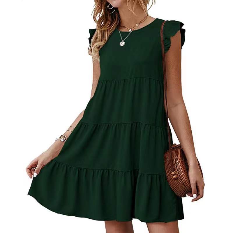 2025 Popular, , summer new solid color round neck short-sleeved dress casual cake skirt pleated pendulum skirt