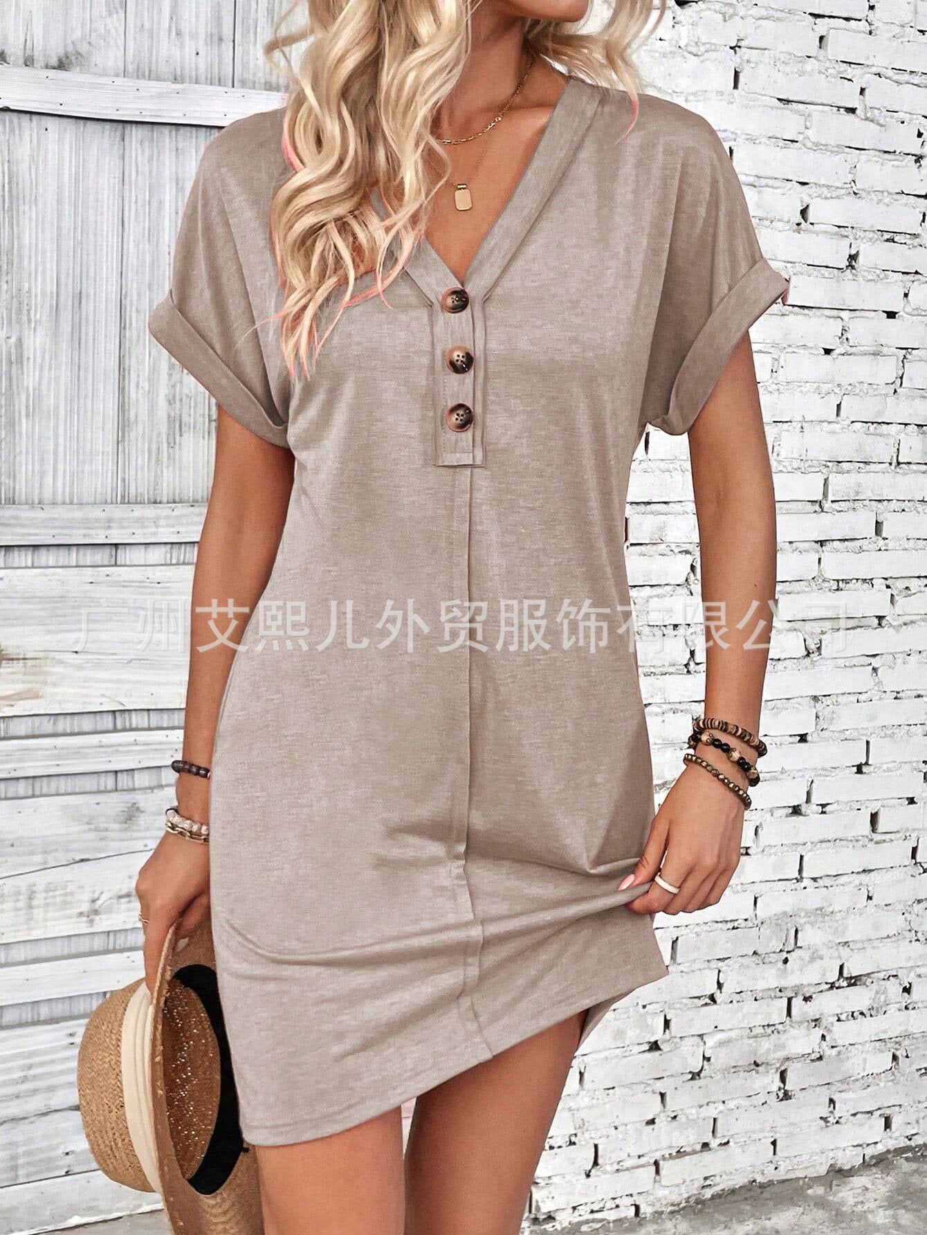 2025 Popular, , New summer women's clothing fashion versatile buckle V-neck shoulder roll sleeve solid color dress