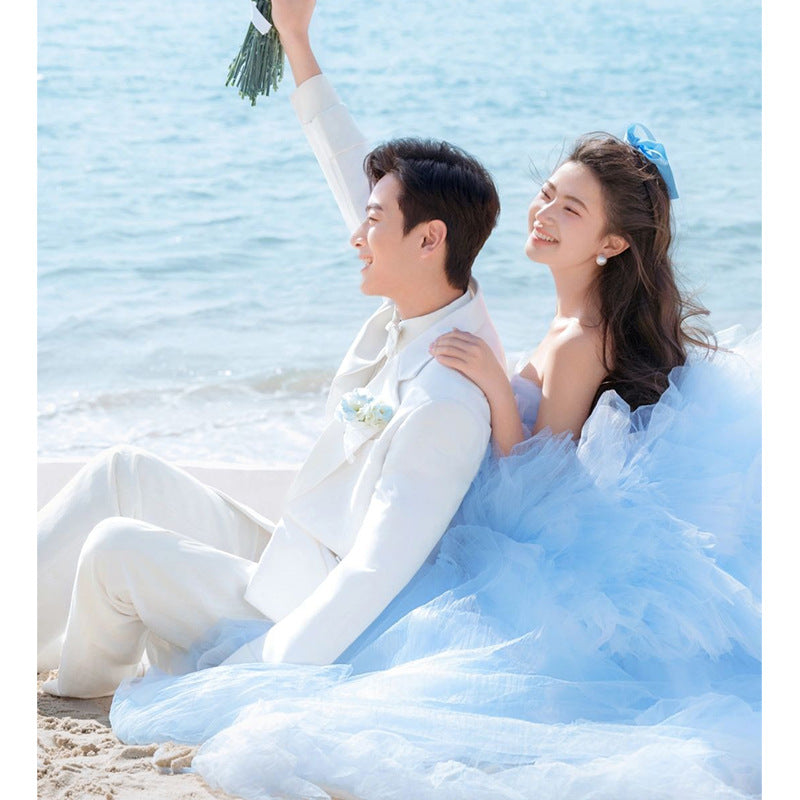 2025 new studio seaside blue Internet celebrity wedding dress princess dream thin super fairy dress studio theme clothing