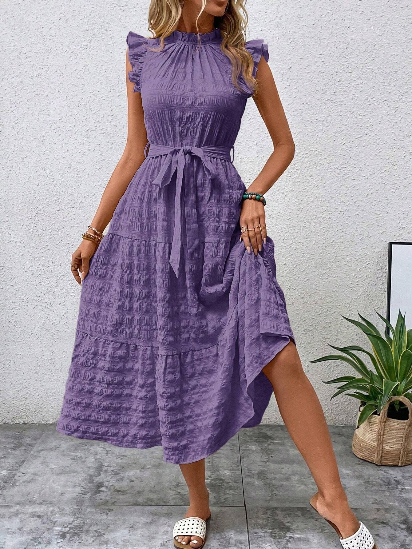 2025 Popular, , New women's clothing summer new fashion fungus edge flying sleeves lace-up textured dress