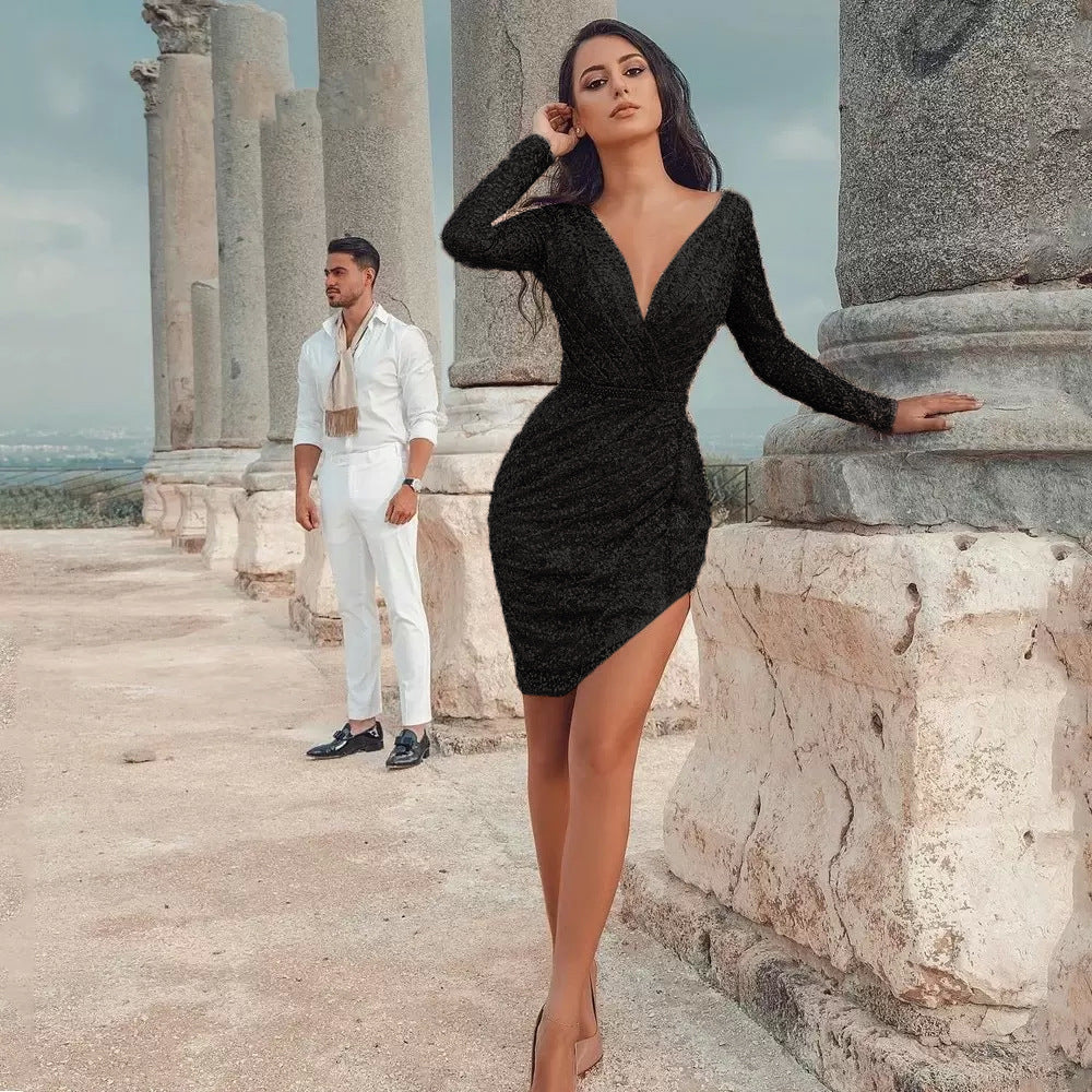 2025 2025 autumn Popular trade new women's clothing wish Dunhuang sexy deep V long sleeve slim pencil dress