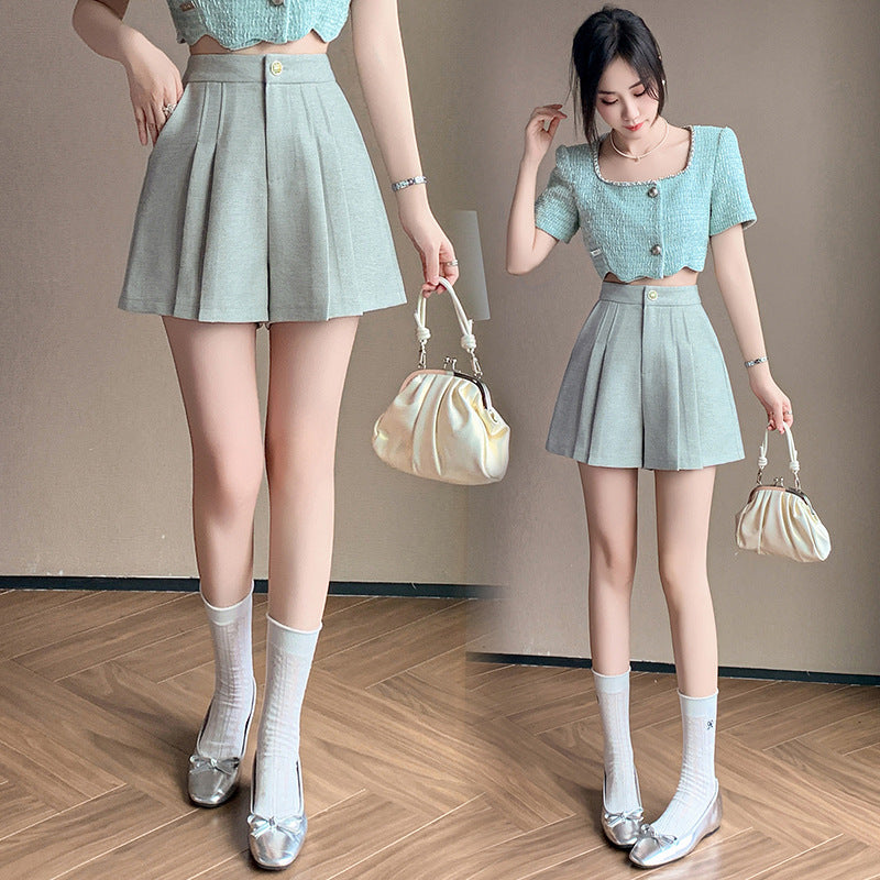 2025 Xiaoxiangfeng shorts women's spring and summer new thin A-word short skirt pants high waist pleated skirt pants Popular trade tide