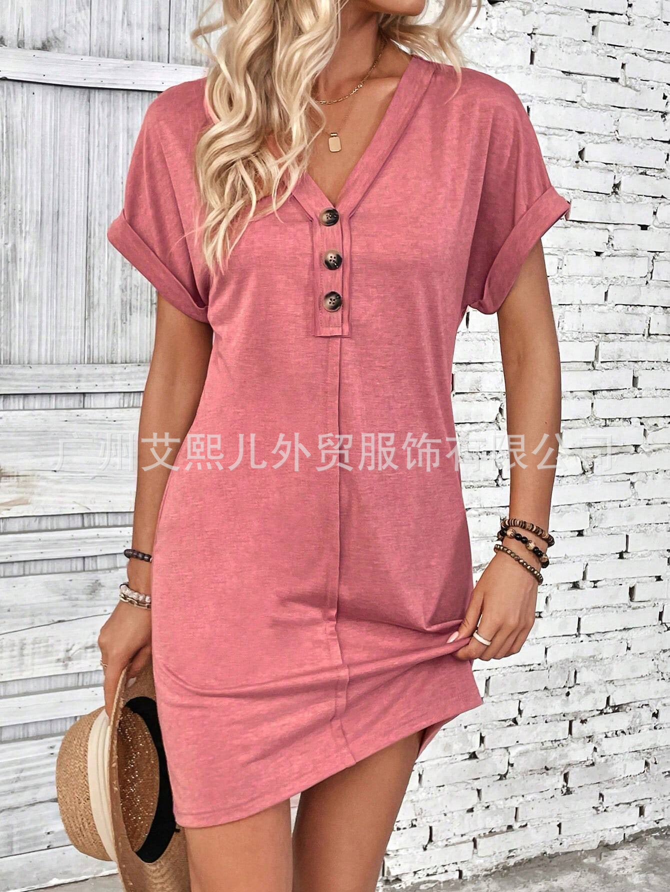 2025 Popular, , New summer women's clothing fashion versatile buckle V-neck shoulder roll sleeve solid color dress