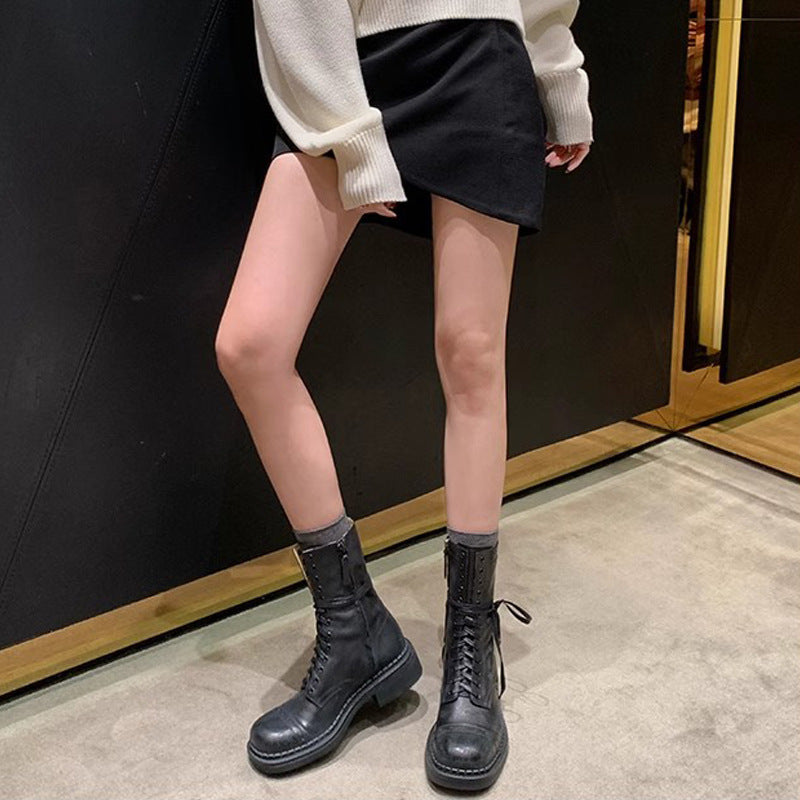 2025 Cowhide version~ Grape mother same autumn and winter British style engraved round head side zipper strap versatile knight Martin boots