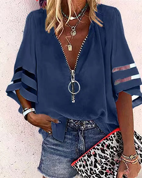 2025 Popular, , 's new V-neck zipper shirt, half-flared sleeve grid splicing, loose casual shirt women
