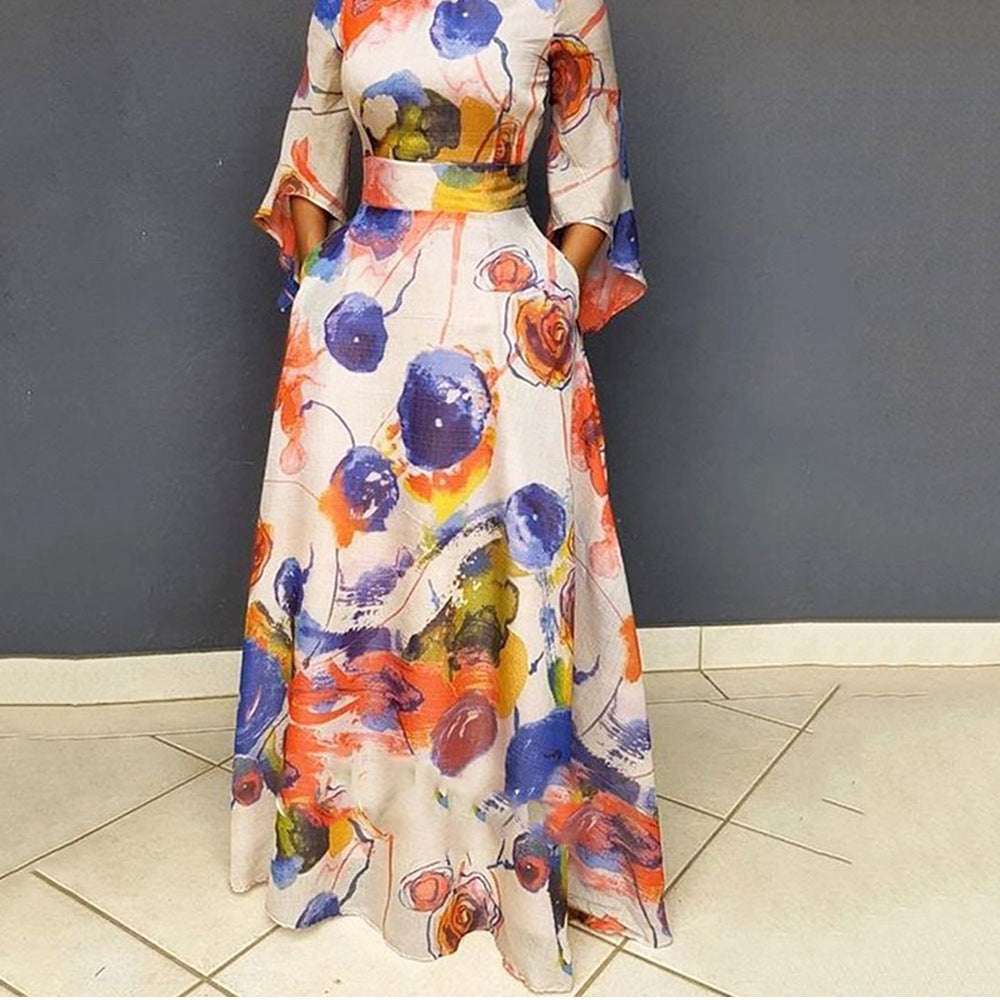 2025 New new spring Popular trade mid-waist commuting large size blue printed long dress waist pullover dress