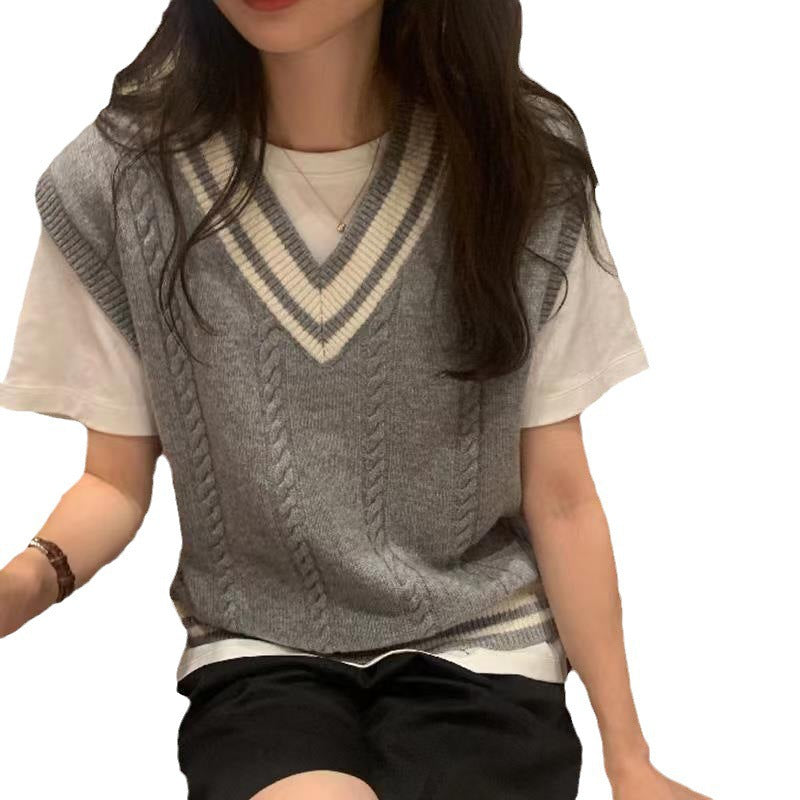 jinran winter outfits Preppy Style Contrast Color V-neck Knitted Vest Women's Clothing Autumn New Design Sleeveless Sweater Vest Top Outer Wear
