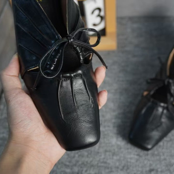 2025 Sheepskin version~ niche design pleated hollow square head Mary Jane shoes leather bow flat shoes