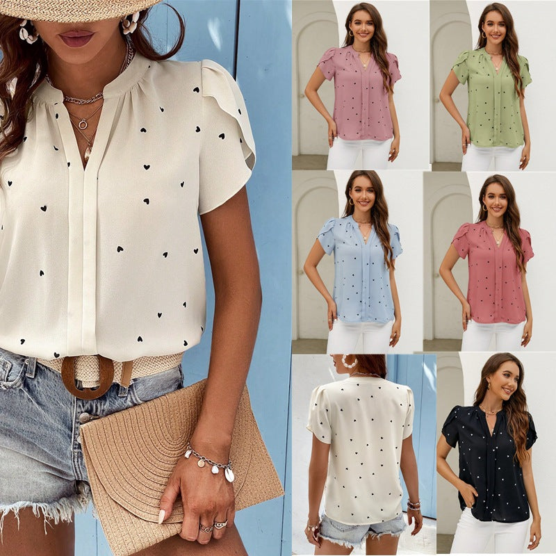 2025 tiktoktemu women's clothing summer V-neck love petal sleeve shirt temperament blouse