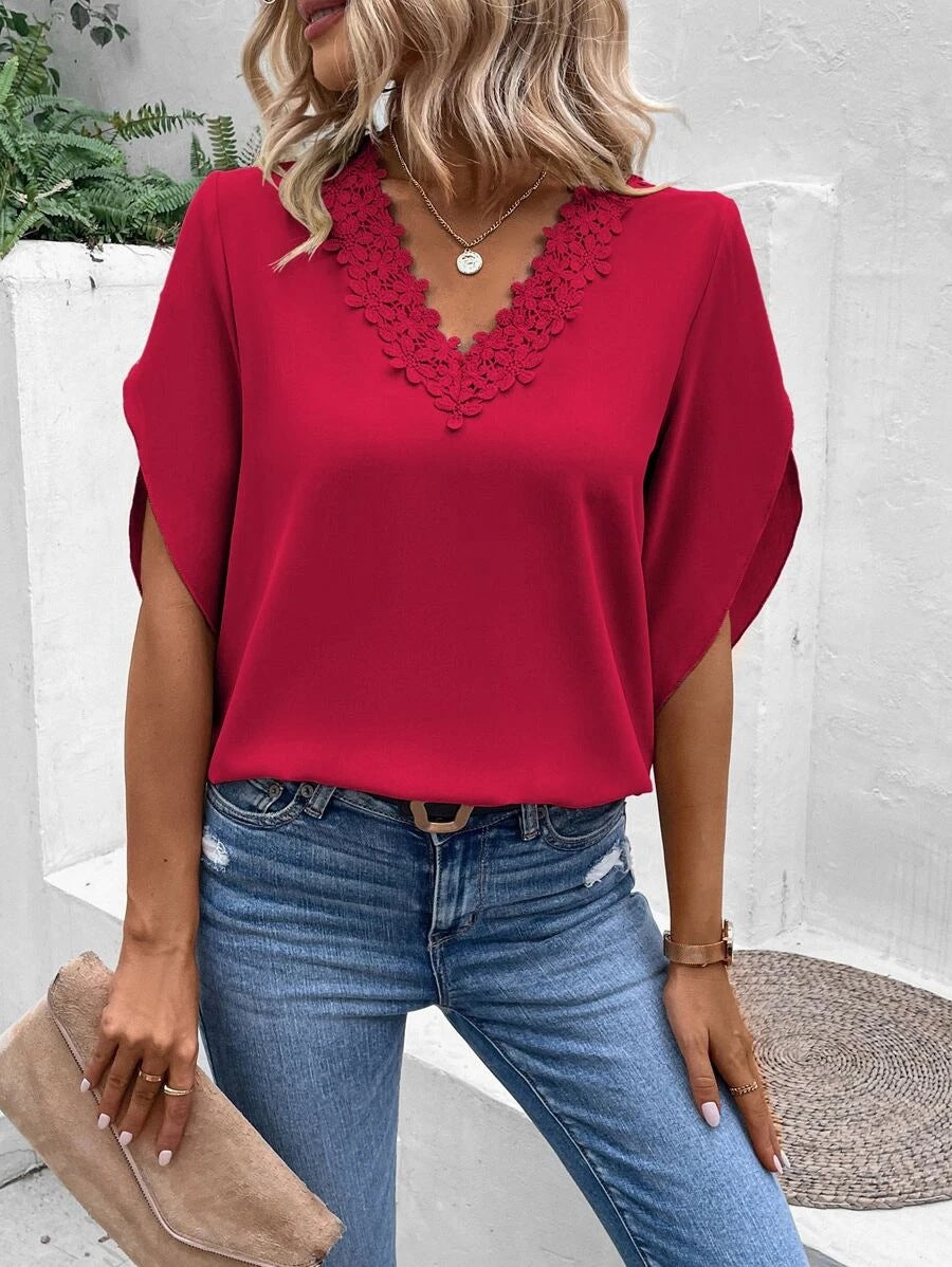 2025 Popular, , New women's clothing summer, new solid color lace V-neck horn sleeve loose shirt blouse